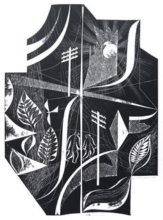 black and white artwork with abstract designs on the sides, including lines, shapes, and leaves