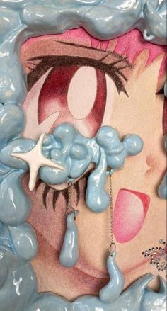 a close up of a painting on the side of a wall with water drops and a woman's face