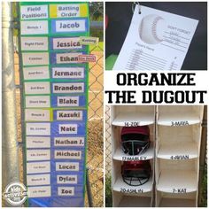 organized baseball dugout boxes with the names and numbers on them