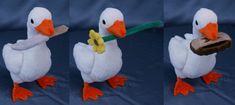 three pictures of a stuffed duck with a piece of bread in it's mouth