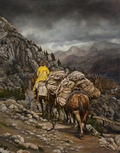 a painting of two people riding horses on a rocky trail