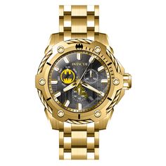 This impressive Invicta DC Comics watch features a precise Quartz movement as well as a gold case. Its black, yellow, metal dial is enclosed by a highly protective Flame Fusion Crystal. This watch is finished by a strong gold, stainless steel band, and it offers 100 m water resistance. Launched into the stratosphere in 1934, the universe of DC Comics has taken fans to the realms of limitless adventure for more than 80 years. With the debut of Superman in 1938, an archetype was born, ushering in Black Collectible Watches With Subdials, Collectible Black Watch With Subdials, Gold Chronograph Collectible Watches, Collectible Gold Chronograph Watch, Collectible Analog Chronograph Watch, Collectible Analog Chronograph Watch With Round Dial, Best Watches For Men, Invicta Watches, 80 Years