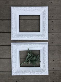 two white frames with green leaves are on a wooden wall next to each other,