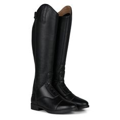 a pair of black riding boots on a white background