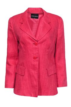 Current Boutique-Giorgio Armani - Hot Pink Linen Double Button Front Blazer Sz M Formal Pink Summer Blazer, Elegant Pink Summer Blazer, Classic Pink Summer Blazer, Pink Tailored Blazer For Summer, Tailored Pink Summer Blazer, Classic Pink Spring Blazer, Classic Pink Blazer For Spring, Pink Summer Outerwear With Button Closure, Boyfriend Jean Shorts