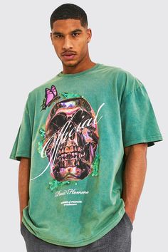 Tall Oversized Official Skull Washed T-shirt | boohooMAN USA Green Skull Print Top For Streetwear, Green Skull Print Streetwear Top, Green Skull Print Tops For Streetwear, Urban T-shirt With Skull Print For Streetwear, Urban Skull Print T-shirt For Streetwear, Streetwear Graphic Tee With Skull Print, Green Front Print T-shirt For Streetwear, Hip Hop Skull Print T-shirt For Streetwear, Green Band Merch T-shirt For Streetwear