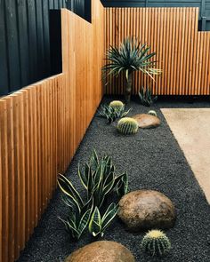 an outdoor area with rocks, plants and wood fence