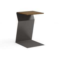 a wooden table top sitting on top of a metal stand with a square shaped base