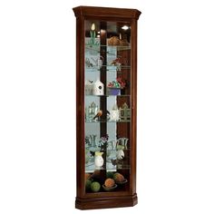 a tall wooden display case with glass doors