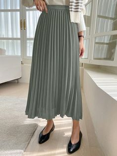 Verde Elegante Collar  Tela Liso Plisado Embellished No-Elástico Midi Pleated Skirt, Autumn Green, Elegant Fabric, Spring Skirts, Pleated Midi Skirt, Maternity Bag, Pleated Skirt, Women Clothing, Womens Bottoms