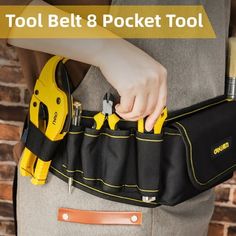 a person holding a tool belt with tools in it and the words tool belt 8 pocket tool