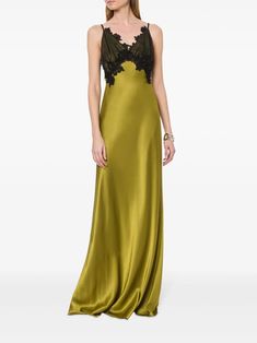 Alberta Ferretti Lace Applique floor-length Dress - Farfetch Wardrobe Edit, Yoko London, Alberta Ferretti, Floor Length Dresses, Exclusive Fashion, Lady Dior, Lace Applique, Green Dress, Denim Dress