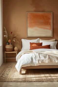 a bed sitting in a bedroom next to a painting on the wall above it's headboard