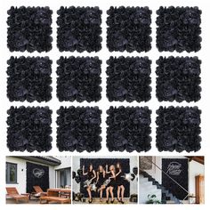 several pictures of women in black dresses sitting on the floor and standing next to each other