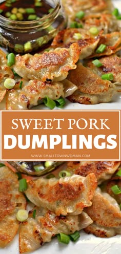 sweet pork dumplings on a white plate with green onions and dipping sauce in the background