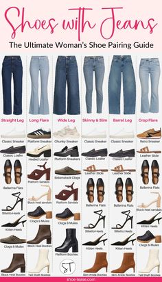 If you're looking to find the right shoes to wear with jeans, or the best jeans and shoes pairings for women, you've come to the right place! Get all the fashion styling inspiration of boots, heels and shoes to wear with jeans of all styles. From wide leg jeans, to skinny jeans, to barrel leg jeans, cropped and long and shoes for straight leg jeans and all the styles in between at shoe-tease.com! Shoes For Straight Leg Jeans, Outfits With Wide Leg Jeans, Shoes To Wear With Jeans, Barrel Leg Jeans, Jeans And Shoes, Jeans With Heels, Shoes Outfit Fashion, Best Shoes, Wardrobe Outfits