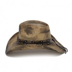 Genuine Panama stIt’s not easy to find something as rugged as the slashed men’s western Stampede hat. This cowboy hat features a teardrop style crown with a brown leather band adorned with stud and string details, ending in a tie string. The distinctive look comes from the black stains and slashes, complete with a bronzed star centerpiece pendant. It’s made of genuine Panama straw, which makes it sturdy yet lightweight. It’s the perfect hat for an adventurer with style. Genuine Panama straw Comf Distressed Cowboy Hat, Western Hat Styles, Rugged Cowboy, Charlie 1 Horse Hat, Mens Cowboy Hats, Trending Hats, Classic Bangles, Mens Hats Fashion, Straw Cowboy Hat