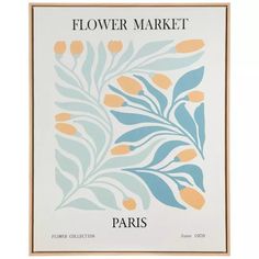 a flower market poster with blue and orange flowers on the bottom, in front of a white background