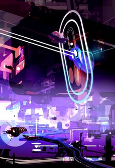 a futuristic cityscape with neon lights and shapes