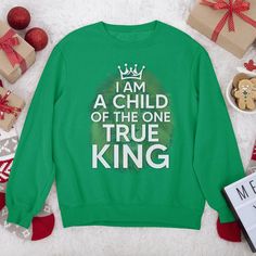 Limited Christian Unisex Sweatshirt - I Am A Child Of The One True Kin - Jesuspirit Winter Cotton Top With Name Print, Cotton Top With Name Print For Winter, Crew Neck Cotton Hoodie With Name Print, Green Fleece Tops With Letter Print, Green Fleece Top With Letter Print, Verses Quotes, Streetwear Aesthetic, Christian Quotes Inspirational, Christian Quotes