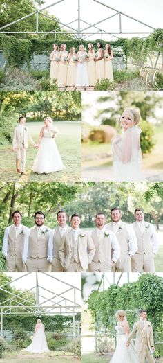 the bride and grooms are posing for pictures in front of their bridal party