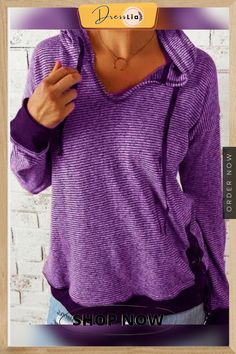 Print Striped Long-sleeved Hooded Sweater Winter Long Sleeve Tops With Adjustable Hood, Fall Purple Hoodie With Drawstring Hood, Long Sleeve Tops With Drawstring Hood For Fall, Long Sleeve Hoodie For Fall, Long Sleeve Hoodie With Drawstring Hood, Casual Hooded Purple Sweater, Casual Purple Hooded Sweater, Purple Long Sleeve Tops For Winter, Purple Long Sleeve Top For Winter