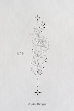 a black and white drawing of a rose on a piece of paper with the word june written below it