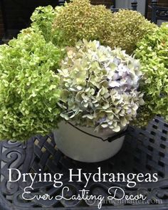 a potted plant with green and white flowers in it that says drying hydrangeas everlasting decor