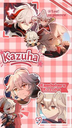 an image of some anime characters on a pink and white checkered background with the caption kazuha