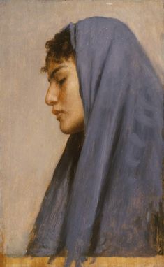 a painting of a woman wearing a blue shawl with her head turned to the side