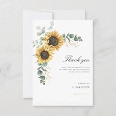 a thank card with sunflowers and eucalyptus leaves