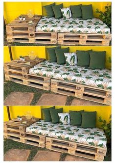 two pictures of a couch made out of wooden pallets with pillows on top and bottom