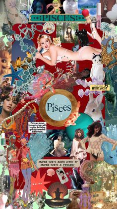 the collage is made up of many different pictures and words, including an advertisement for pisces