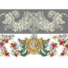 an ornate border with flowers and coat of arms in gold, silver, and white