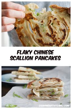 two pictures with the words flaky chinese scallion pancakes