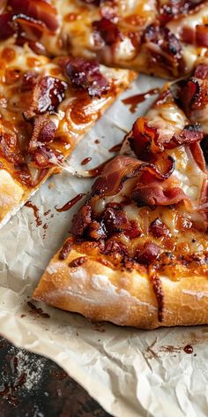 the pizza has bacon on it and is ready to be eaten