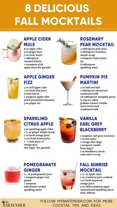 the 8 delicious fall cocktails info sheet is shown in blue and yellow, with an orange