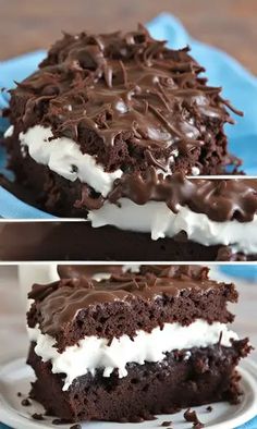 two pictures of chocolate cake with white frosting