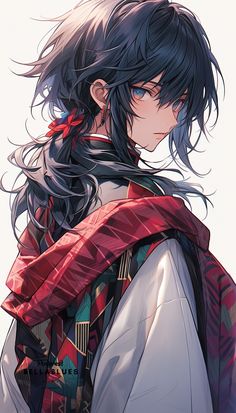 an anime character with long black hair and blue eyes wearing a red scarf over her shoulder