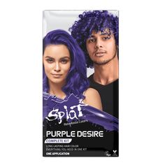 Make a striking statement with Splat Semi-Permanent Bold Hair Color! Splat Purple Desire Semi-Permanent Complete Kit allows you to express yourself with deep purple hair color. Pre-measured bleach eliminates the guesswork and provides a fast action lift that takes just 30 minutes. Perfect for Halloween hair styles, Splat Semi-Permanent Hair Color uses a unique formula infused with Baobab Seed Oil to nourish strands and protect from UV damage, plus Quinoa Extract packed with vitamins and minerals Deep Purple Hair Color, Try On Hair Color, Deep Purple Hair, Purple Hair Streaks, Splat Hair Dye, Splat Hair Color, Purple Hair Color, Purple Balayage, Bold Hair Color