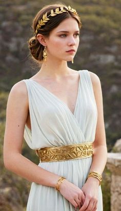 Greek Dress Goddesses, Greek Goddess Outfit, Ancient Greek Dress, Ancient Greece Fashion, Greek Outfit, Greek God Costume, Greek Hair, Greek Dress, Greek Goddess Dress