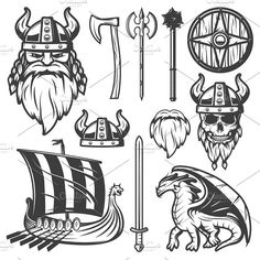 viking symbols and emblems in black and white - miscellaneous objects / art work on separate layers