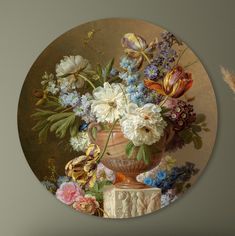 a painting of flowers in a vase on a table