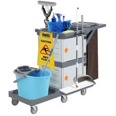 a cleaning cart with a bucket and mop on it