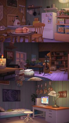 three different views of a living room and kitchen in an animated style, with the tv turned on