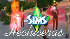 the sims are playing with each other in front of some trees and fireballs