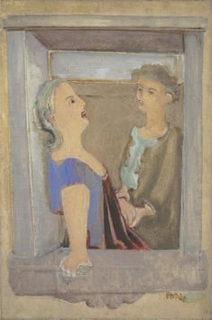 a painting of a woman looking at herself in the mirror with an older man standing next to her