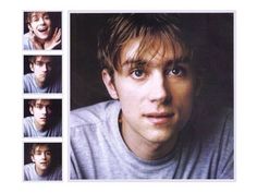 four pictures of a young man with blue eyes and one has his mouth open in front of him