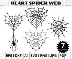 four spider webs are shown in black and white, with the text heart spider web