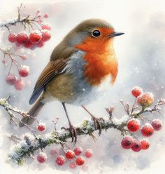 a painting of a bird sitting on a branch with berries in the snow behind it